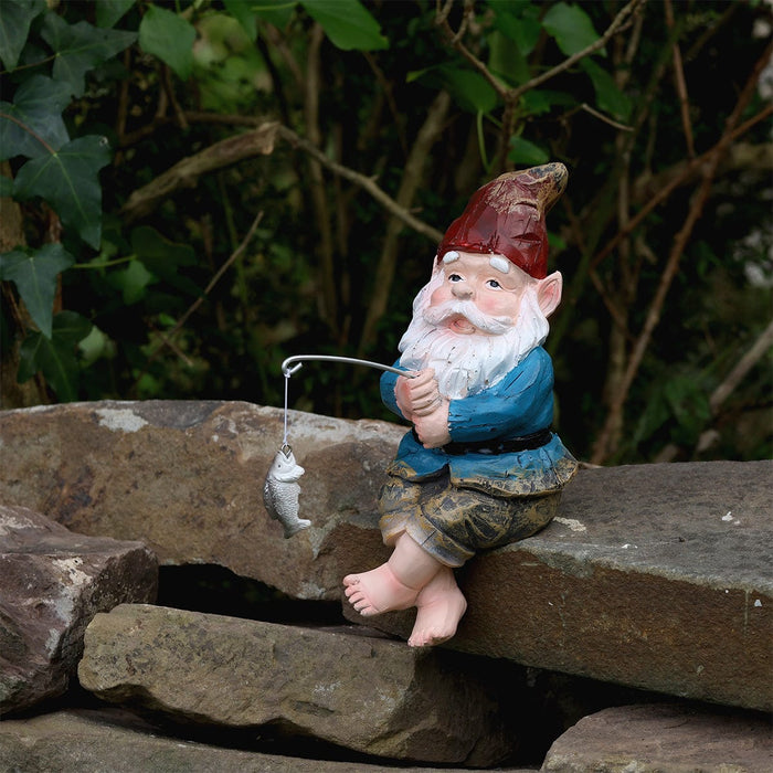 A Bit Quackers Garden Decor - Fishing Garden Gnome Sitting on Edge