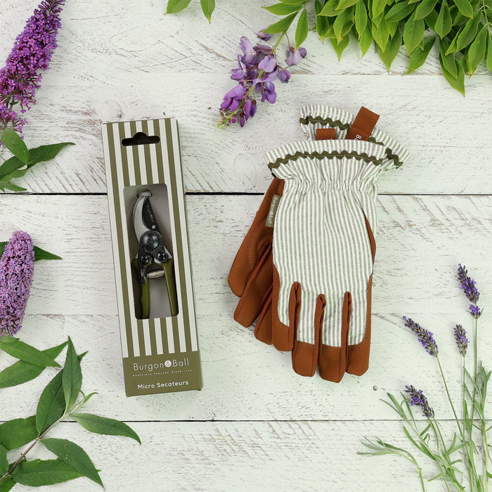 Burgon & Ball Garden Tool Gift Sets - Micro Secateurs & Olive Striped Glove Set